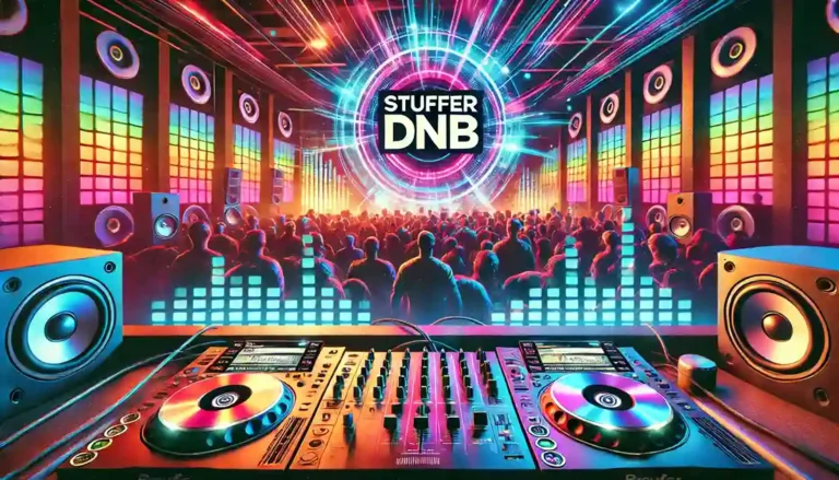 Feature image for Stufferdnb blog showing a vibrant and futuristic DJ setup with neon lights, speakers, and a crowded dance floor, reflecting the energetic and dynamic essence of the Drum & Bass scene. Bold 'Stufferdnb' text is integrated, with visual equalizers pulsing in the background.